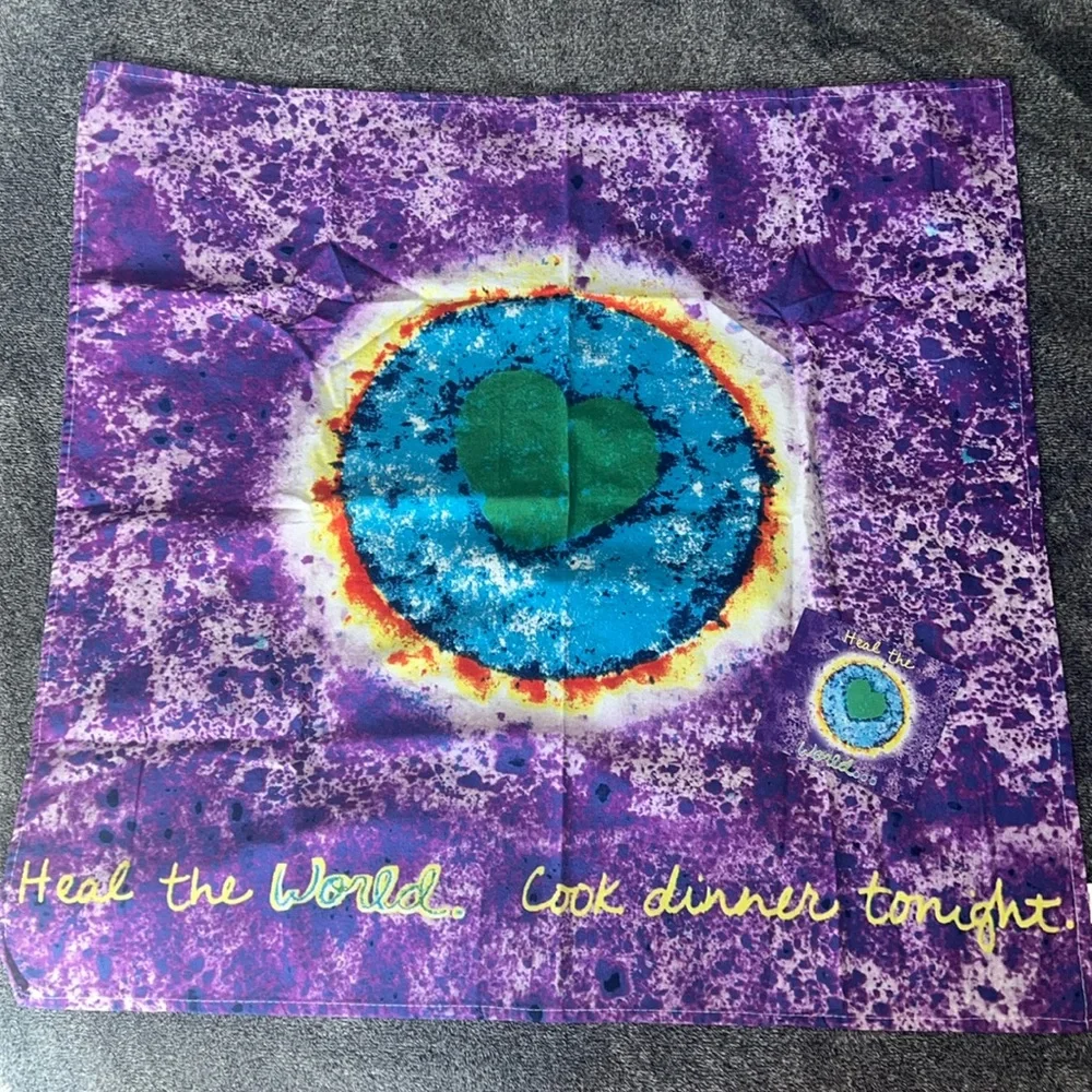 Penzeys Tie Dye Heal The World Cook DInner Tonight Towel / Cloth and Magnet